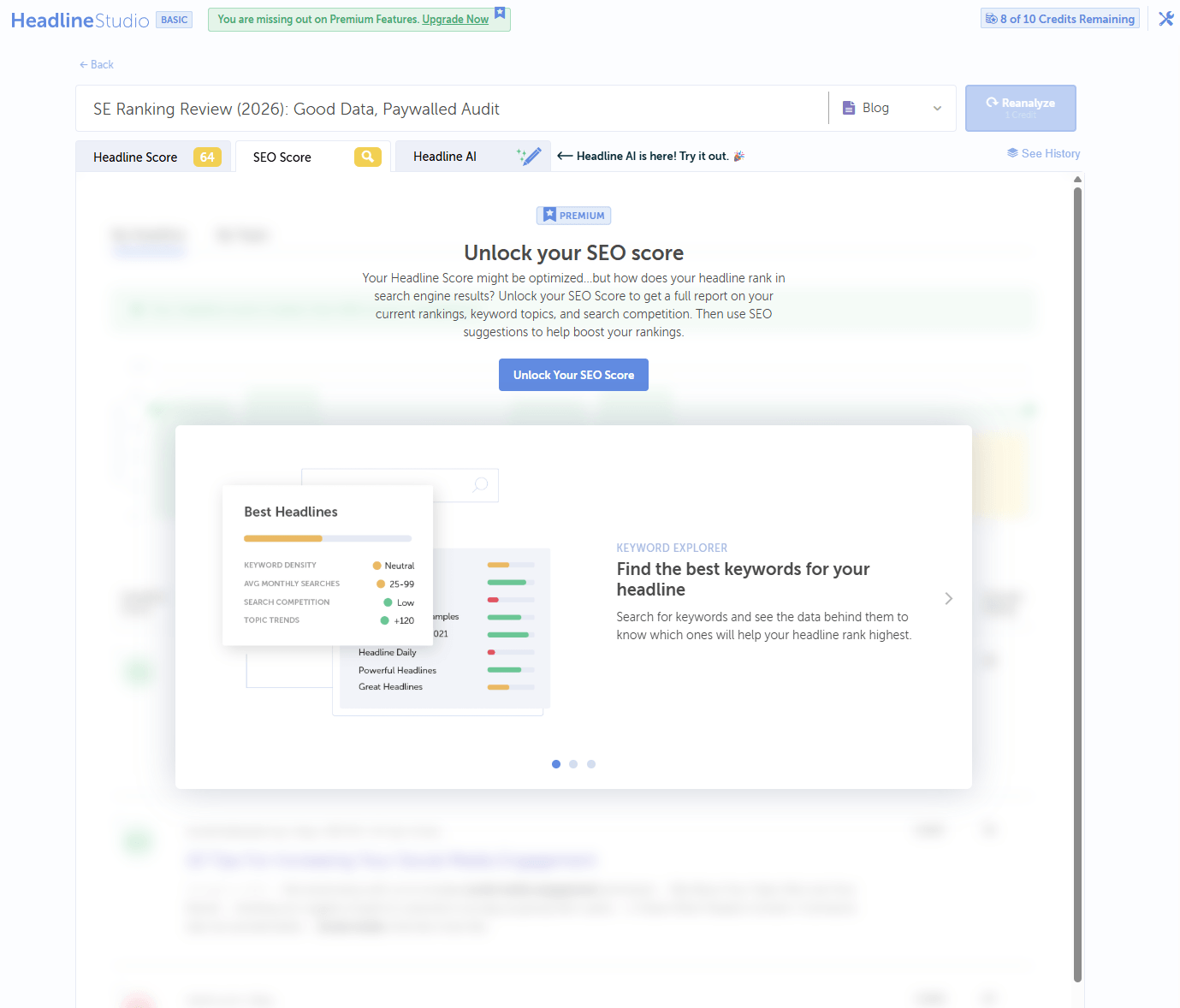 Headline Studio's SEO Score tab fully paywalled behind Premium, showing only a promotional preview of keyword density and search competition data instead of any real numbers