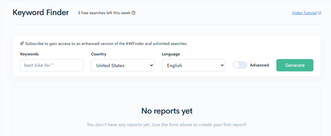 LowFruits Keyword Finder showing 3 free searches left this week, a seed field with the example best bike for, country and language selectors, and a line inviting subscription for unlimited searches
