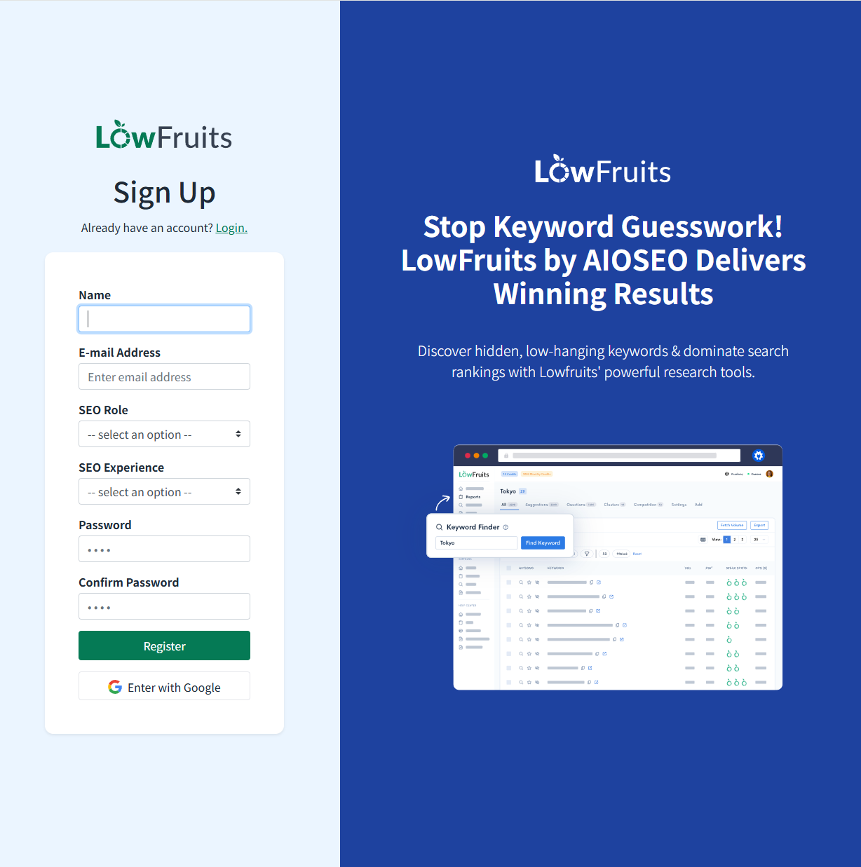 LowFruits sign-up form reached from a paid plan's Get Started button, with name, email, SEO role, SEO experience and password fields and no payment field