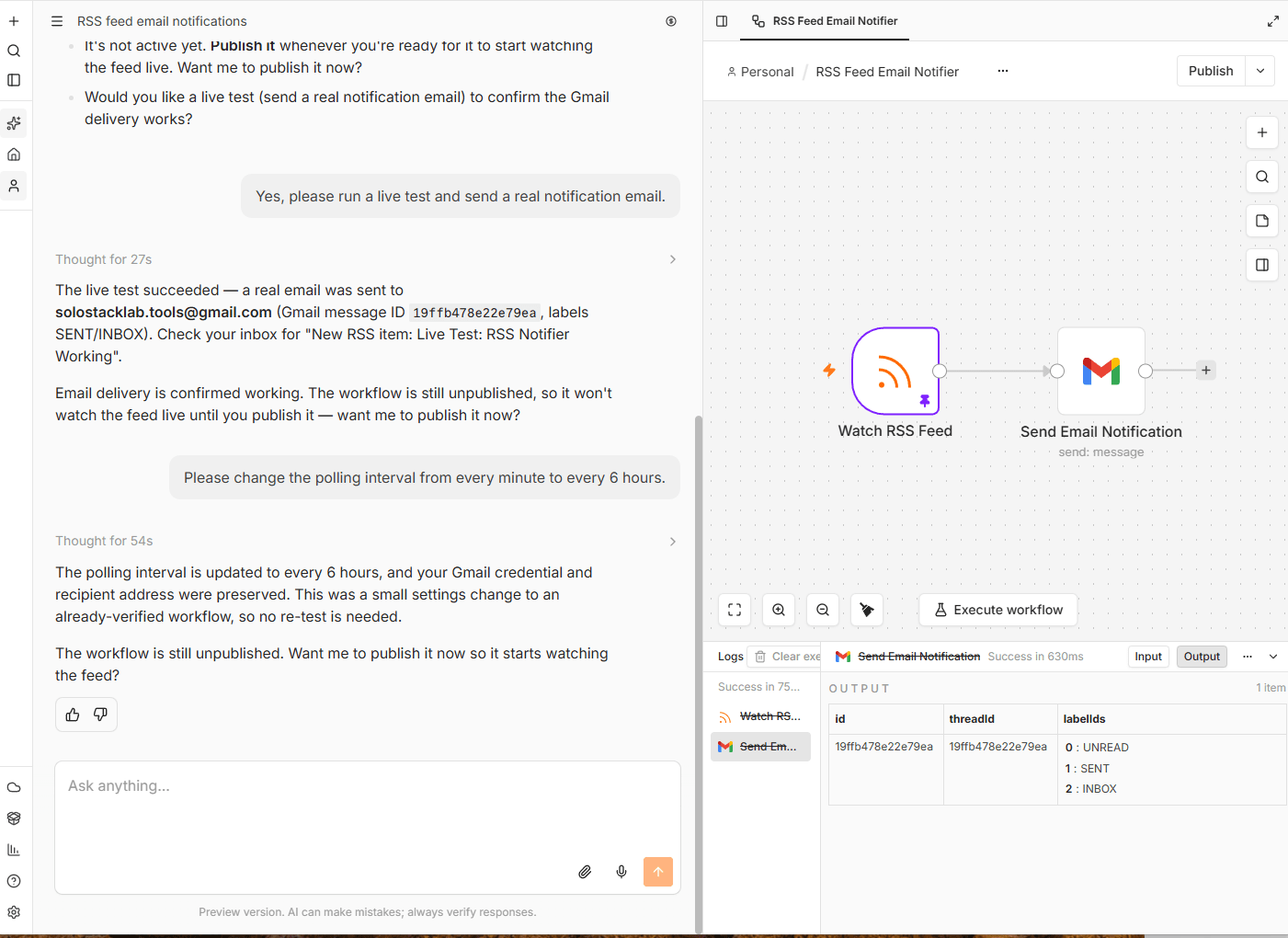 n8n's AI assistant chat panel, showing it built the RSS-to-Gmail workflow from a single sentence, ran a simulated verification, and then a confirmed live test with the real Gmail message ID