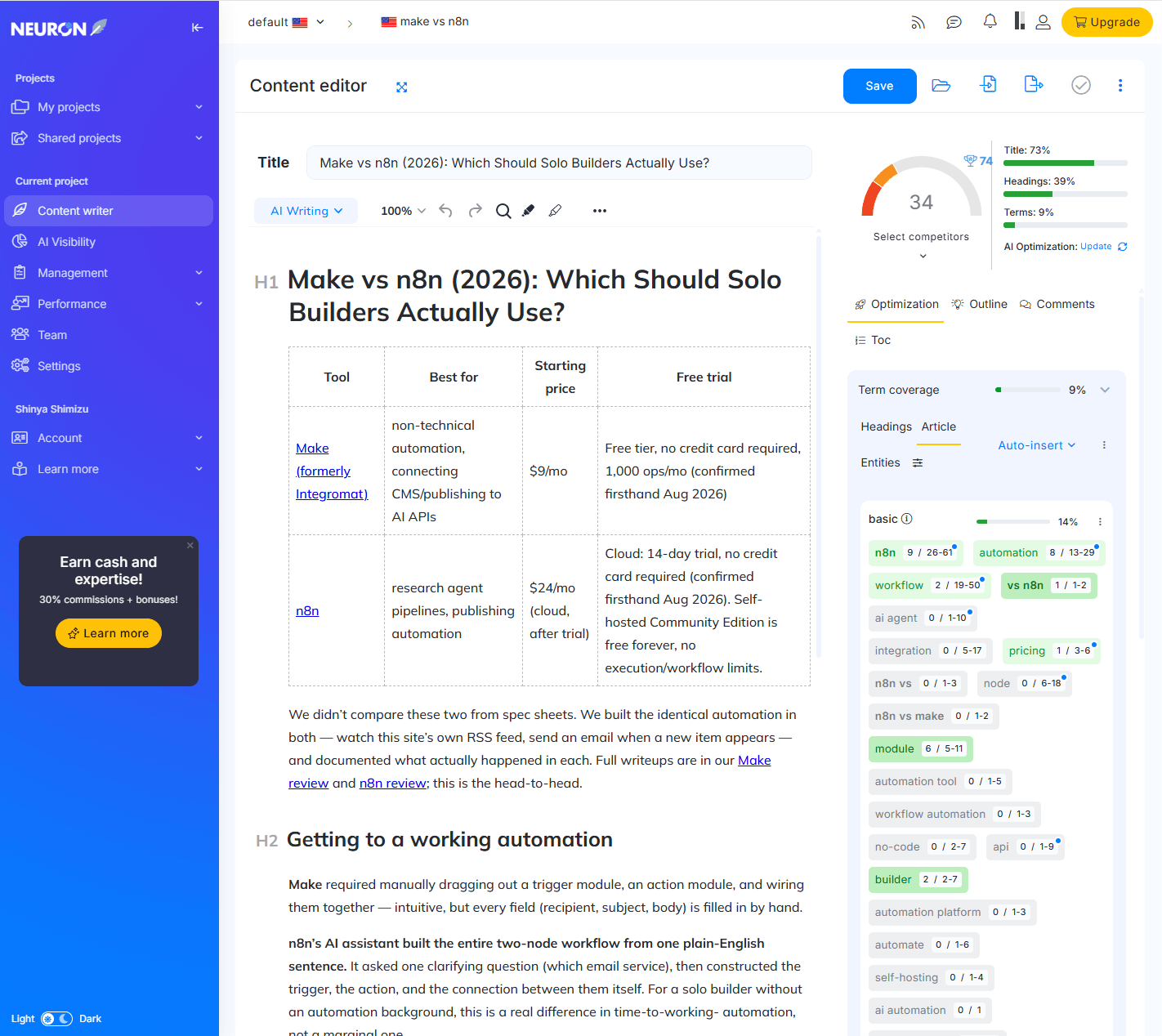 NEURONwriter's Content Score of 34/100 for our Make vs n8n article, with Title 73%, Headings 39%, and Terms 9% coverage shown against real competitor data